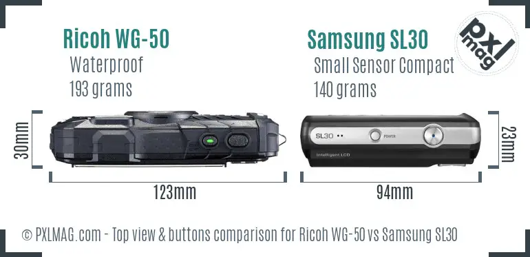 Ricoh WG-50 vs Samsung SL30 top view buttons comparison