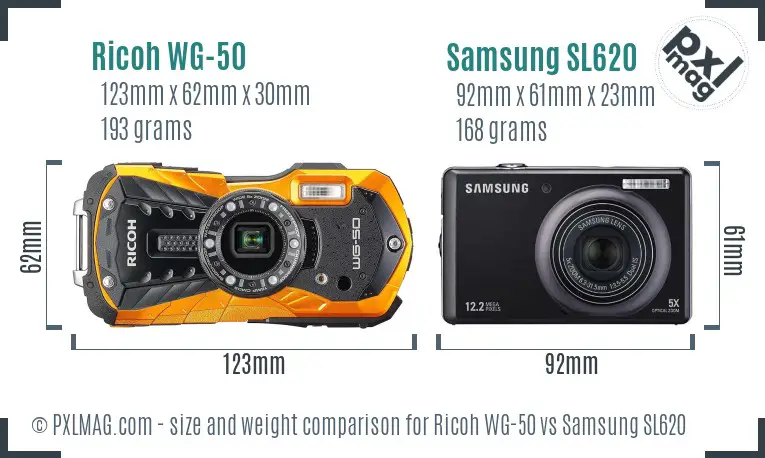 Ricoh WG-50 vs Samsung SL620 size comparison