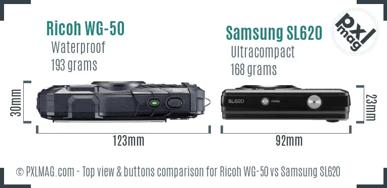 Ricoh WG-50 vs Samsung SL620 top view buttons comparison