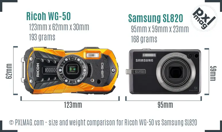 Ricoh WG-50 vs Samsung SL820 size comparison