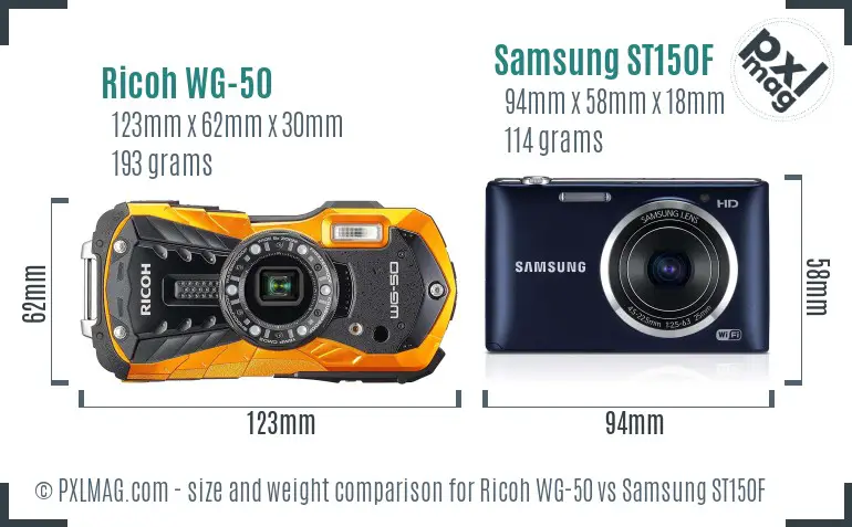 Ricoh WG-50 vs Samsung ST150F size comparison