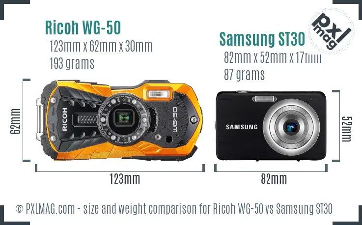 Ricoh WG-50 vs Samsung ST30 size comparison