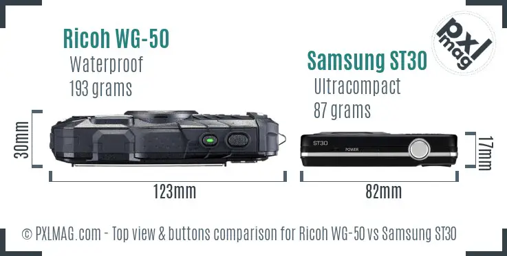 Ricoh WG-50 vs Samsung ST30 top view buttons comparison