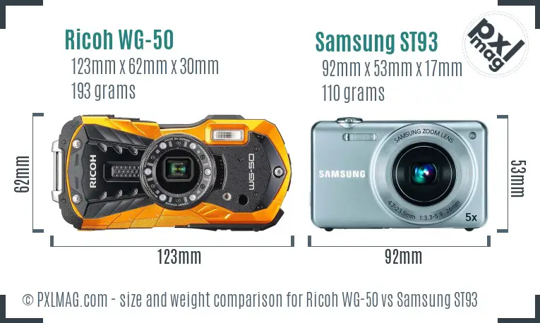 Ricoh WG-50 vs Samsung ST93 size comparison