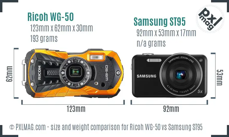 Ricoh WG-50 vs Samsung ST95 size comparison