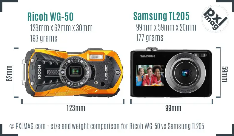 Ricoh WG-50 vs Samsung TL205 size comparison