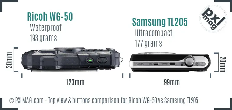 Ricoh WG-50 vs Samsung TL205 top view buttons comparison
