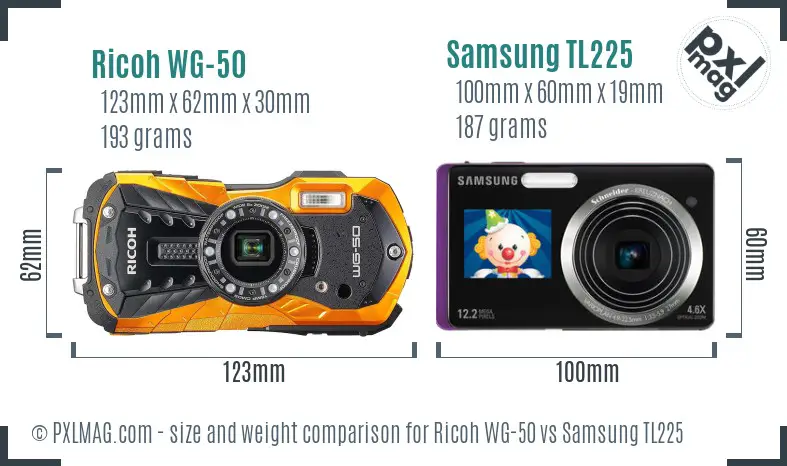 Ricoh WG-50 vs Samsung TL225 size comparison