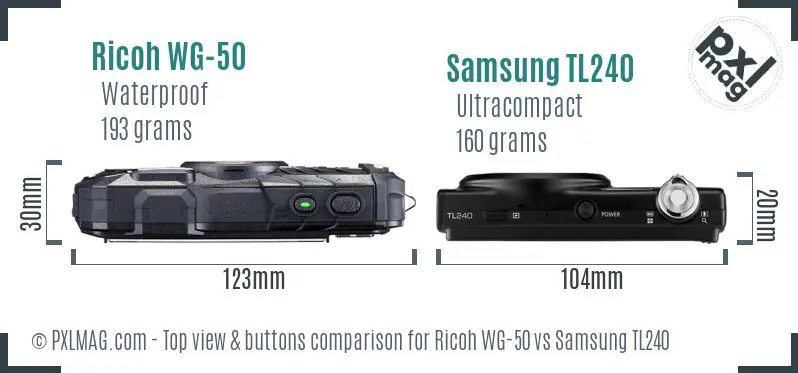 Ricoh WG-50 vs Samsung TL240 top view buttons comparison