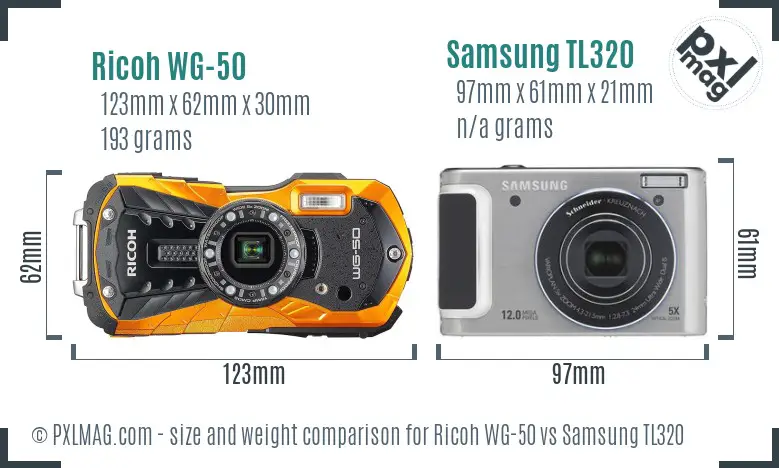 Ricoh WG-50 vs Samsung TL320 size comparison