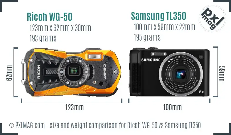 Ricoh WG-50 vs Samsung TL350 size comparison