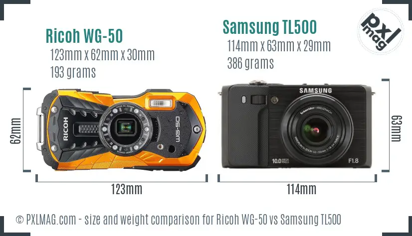 Ricoh WG-50 vs Samsung TL500 size comparison