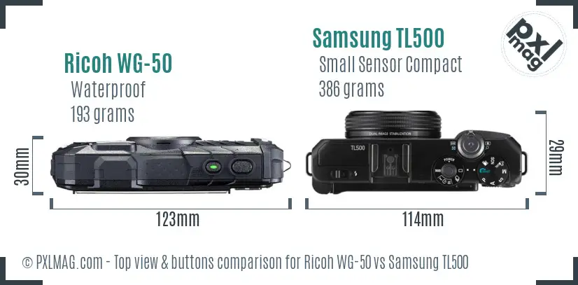 Ricoh WG-50 vs Samsung TL500 top view buttons comparison