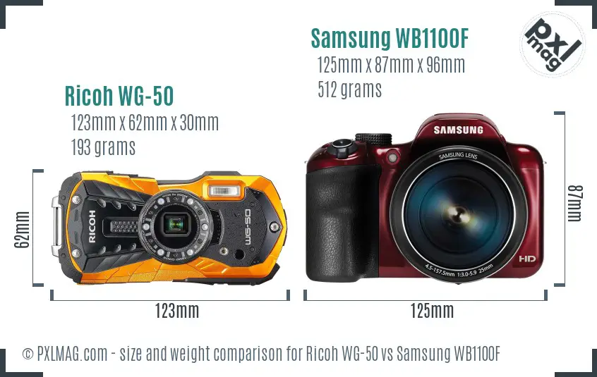 Ricoh WG-50 vs Samsung WB1100F size comparison