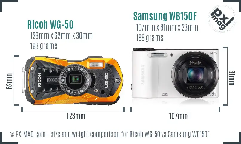 Ricoh WG-50 vs Samsung WB150F size comparison