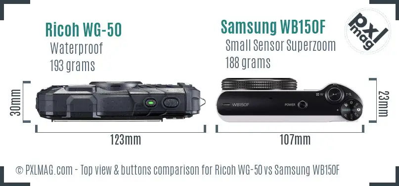 Ricoh WG-50 vs Samsung WB150F top view buttons comparison