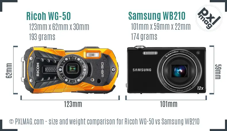 Ricoh WG-50 vs Samsung WB210 size comparison