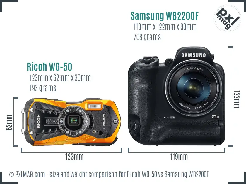 Ricoh WG-50 vs Samsung WB2200F size comparison