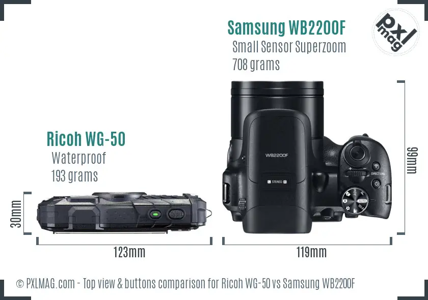 Ricoh WG-50 vs Samsung WB2200F top view buttons comparison