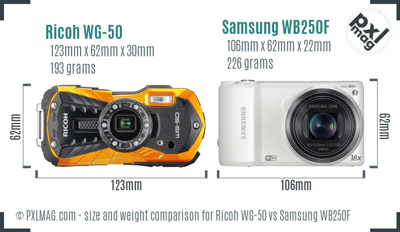 Ricoh WG-50 vs Samsung WB250F size comparison