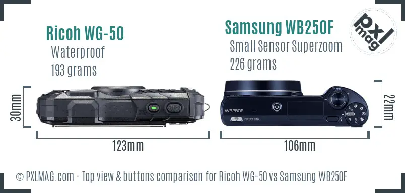 Ricoh WG-50 vs Samsung WB250F top view buttons comparison
