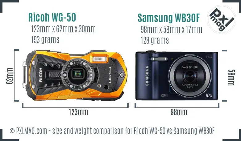 Ricoh WG-50 vs Samsung WB30F size comparison