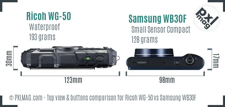 Ricoh WG-50 vs Samsung WB30F top view buttons comparison