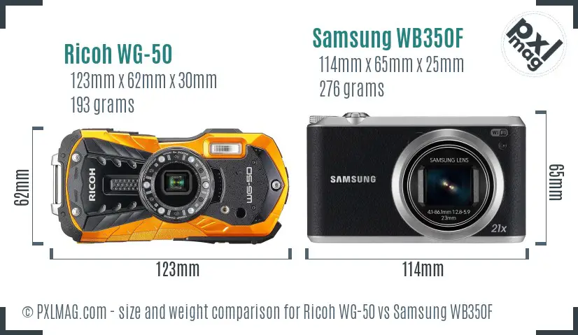 Ricoh WG-50 vs Samsung WB350F size comparison