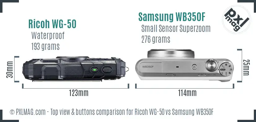 Ricoh WG-50 vs Samsung WB350F top view buttons comparison