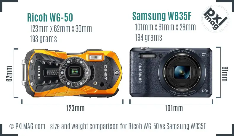 Ricoh WG-50 vs Samsung WB35F size comparison