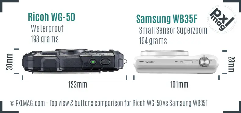 Ricoh WG-50 vs Samsung WB35F top view buttons comparison