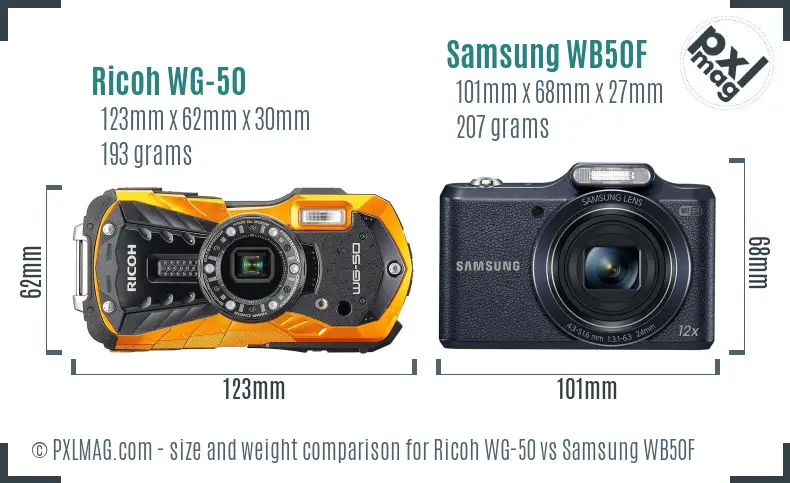 Ricoh WG-50 vs Samsung WB50F size comparison
