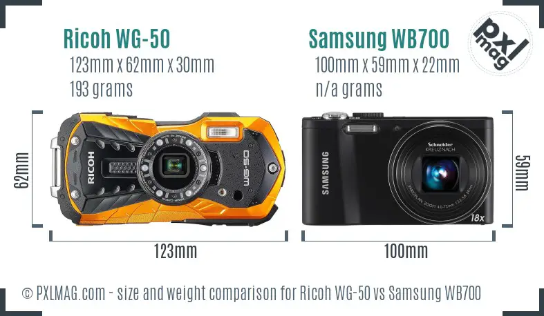Ricoh WG-50 vs Samsung WB700 size comparison