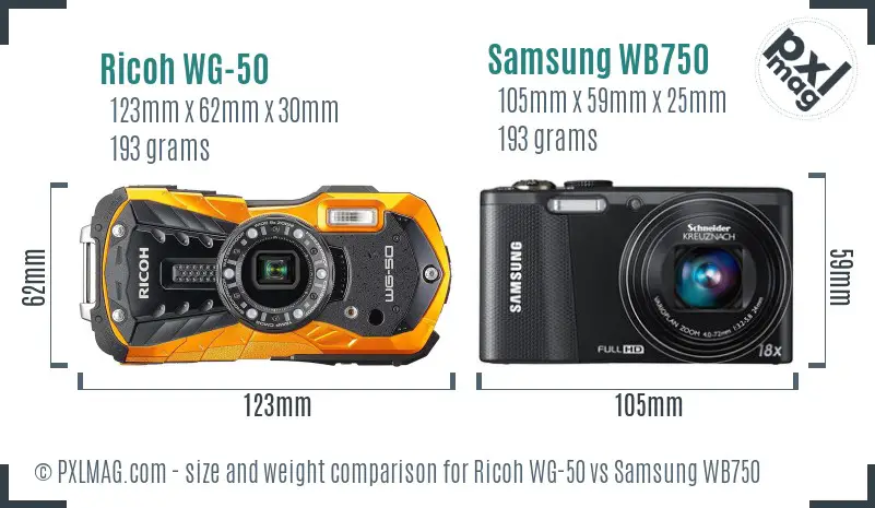 Ricoh WG-50 vs Samsung WB750 size comparison