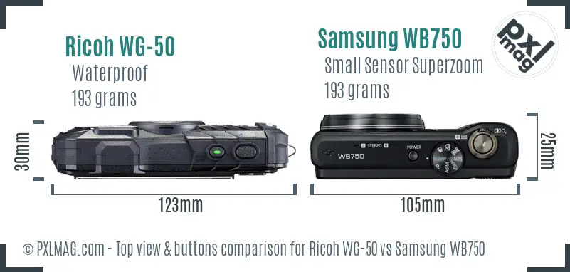 Ricoh WG-50 vs Samsung WB750 top view buttons comparison
