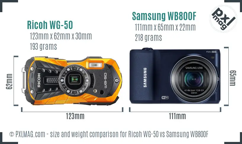 Ricoh WG-50 vs Samsung WB800F size comparison
