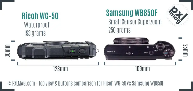 Ricoh WG-50 vs Samsung WB850F top view buttons comparison