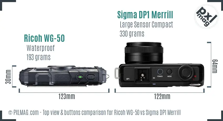 Ricoh WG-50 vs Sigma DP1 Merrill top view buttons comparison