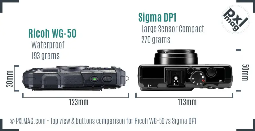 Ricoh WG-50 vs Sigma DP1 top view buttons comparison