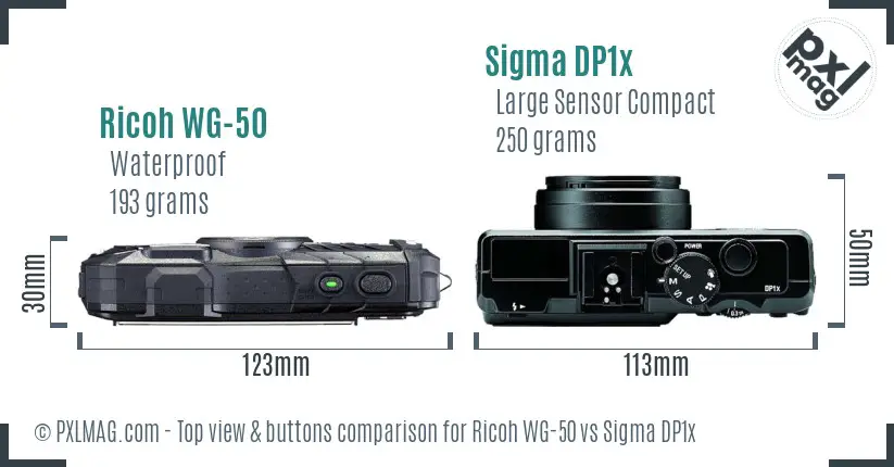 Ricoh WG-50 vs Sigma DP1x top view buttons comparison
