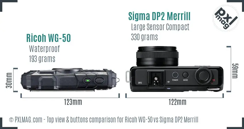 Ricoh WG-50 vs Sigma DP2 Merrill top view buttons comparison