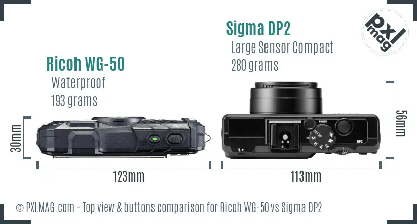 Ricoh WG-50 vs Sigma DP2 top view buttons comparison