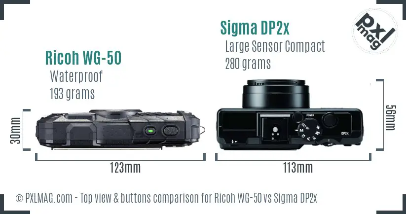 Ricoh WG-50 vs Sigma DP2x top view buttons comparison
