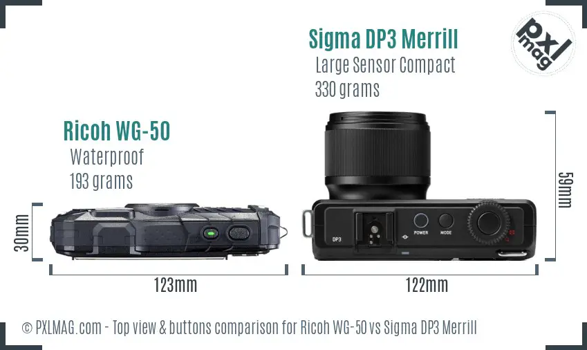 Ricoh WG-50 vs Sigma DP3 Merrill top view buttons comparison