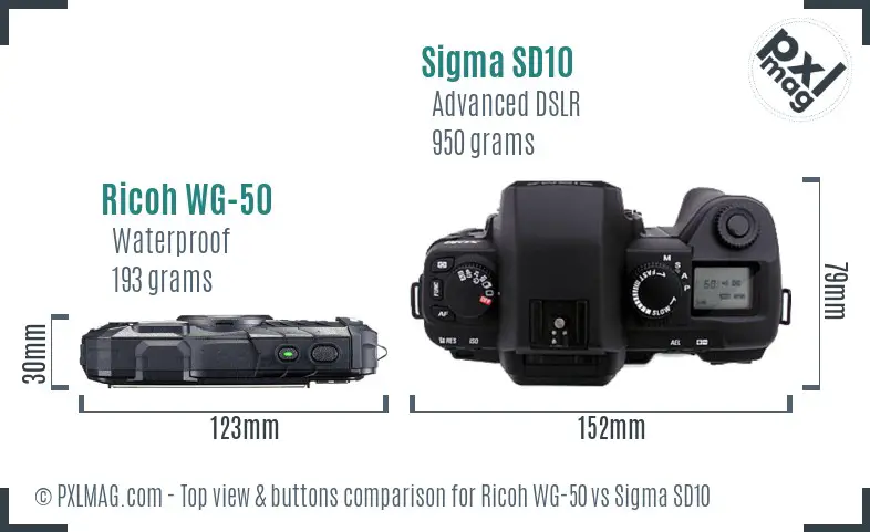 Ricoh WG-50 vs Sigma SD10 top view buttons comparison
