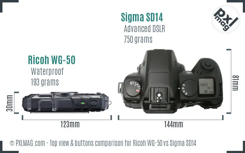 Ricoh WG-50 vs Sigma SD14 top view buttons comparison