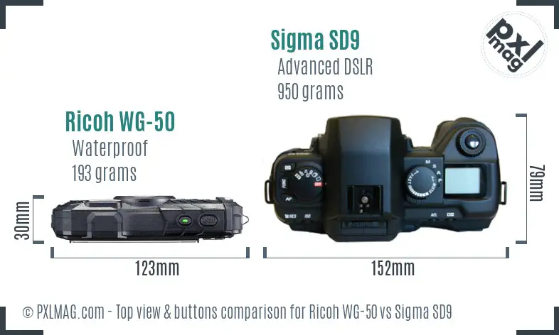 Ricoh WG-50 vs Sigma SD9 top view buttons comparison