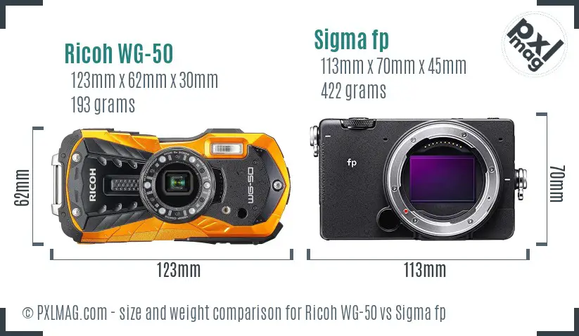 Ricoh WG-50 vs Sigma fp size comparison