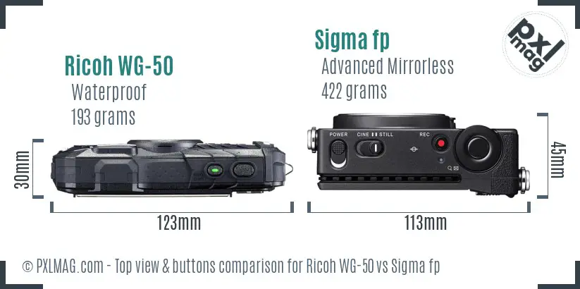 Ricoh WG-50 vs Sigma fp top view buttons comparison