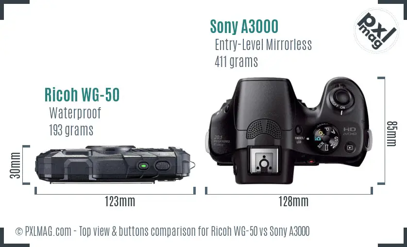Ricoh WG-50 vs Sony A3000 top view buttons comparison